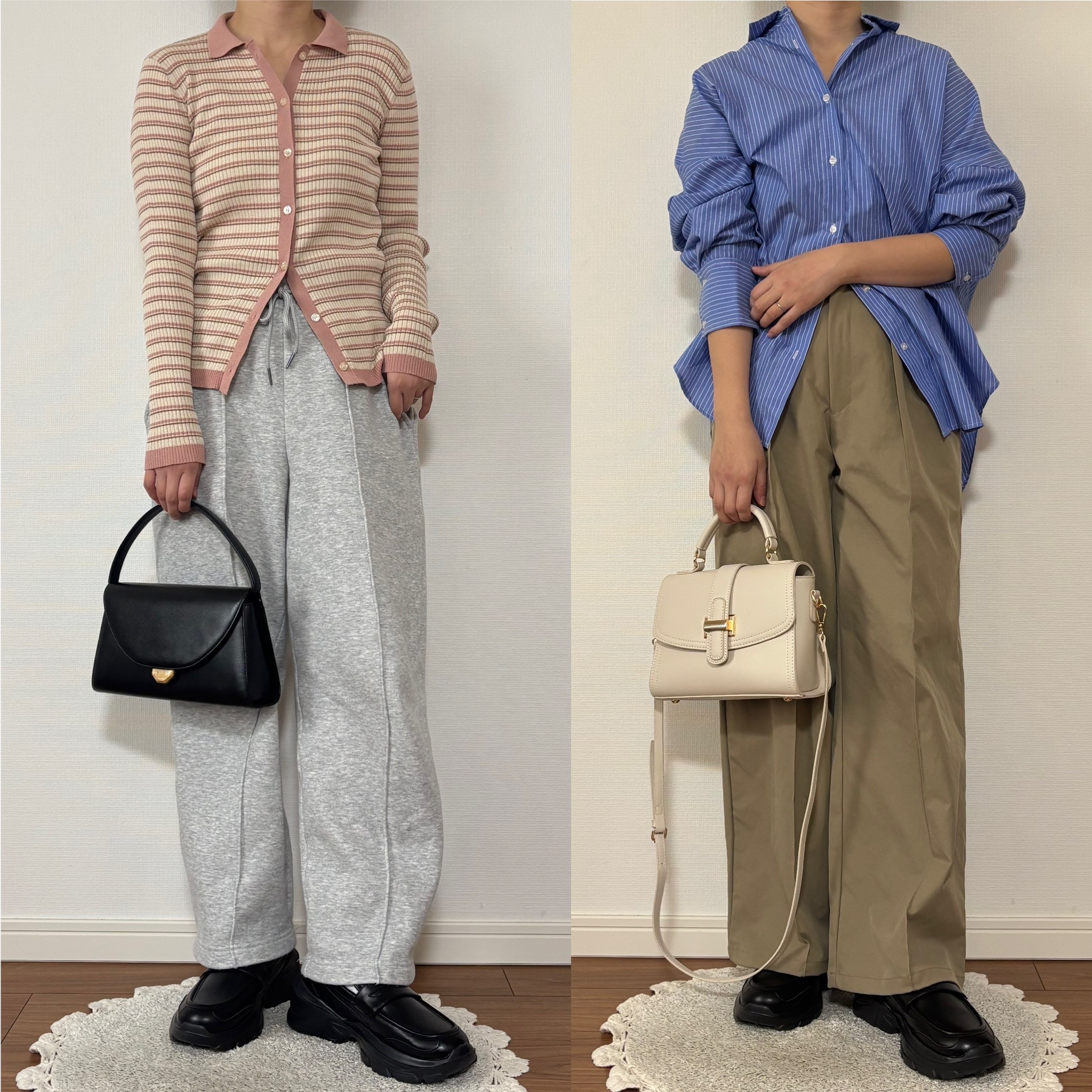 スウェットパンツやストライプシャツと合わせたコーディネート