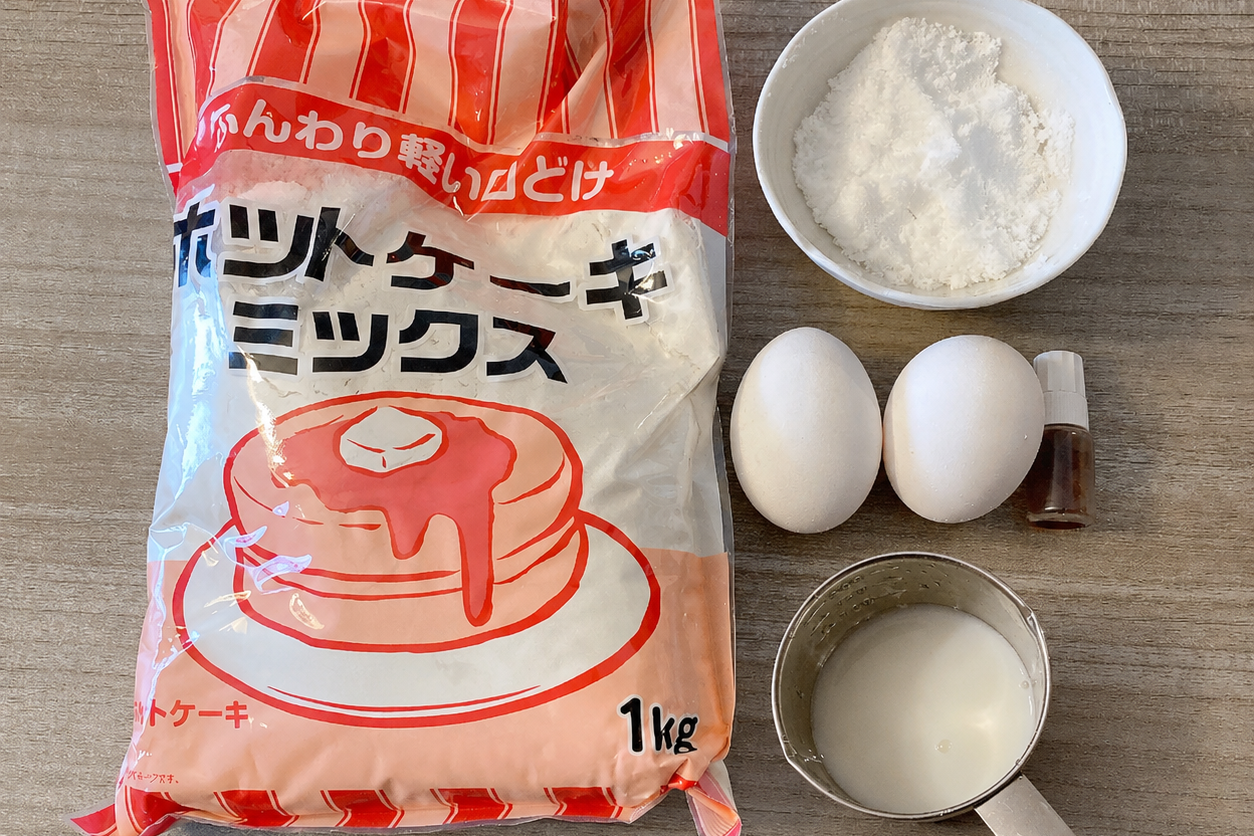 ケーキのスポンジの材料。牛乳、卵、砂糖、バニラオイル