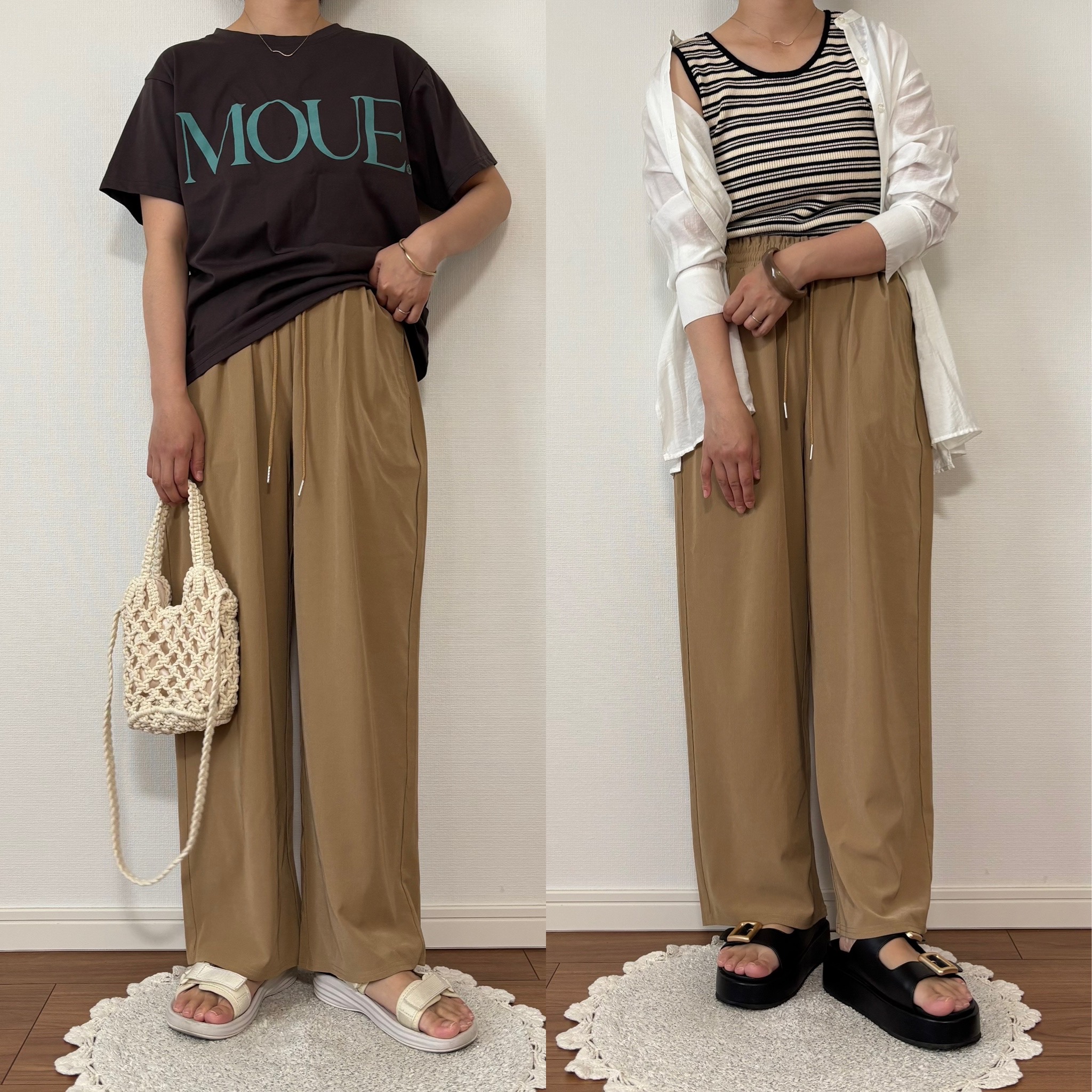 ドロストパンツをTシャツやボーダータンクでカジュアルに合わせた写真