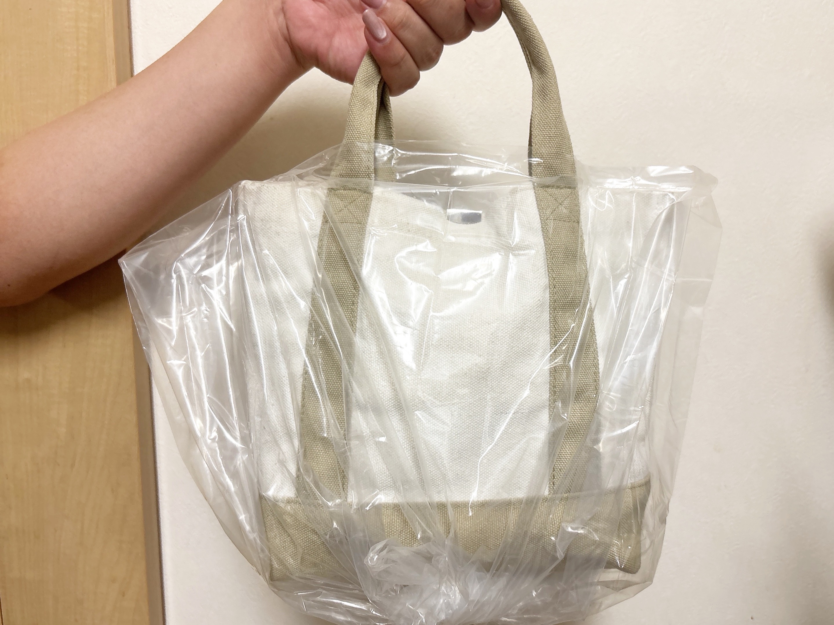 ダイソーレインバッグカバーにトートバッグを入れている