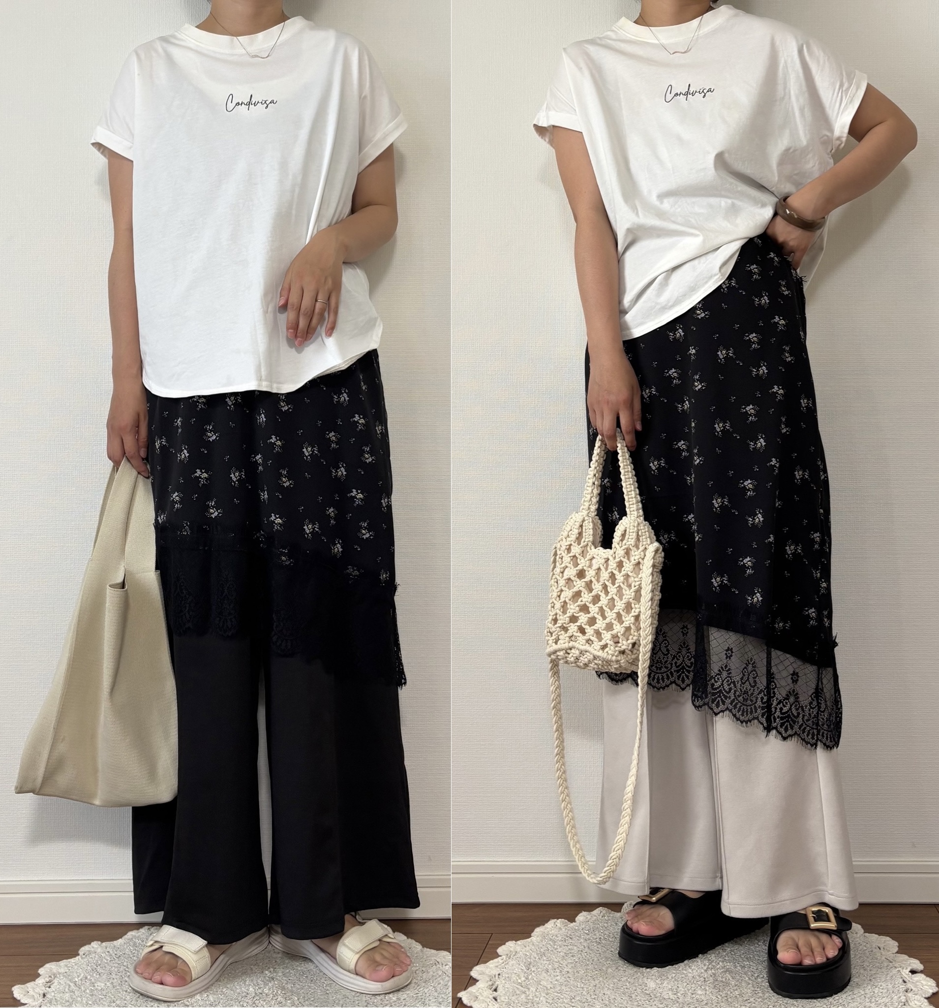 レースキャミソールをTシャツの下に着用した画像