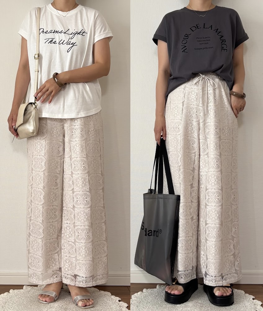 レースパンツをTシャツと合わせたコーディネート