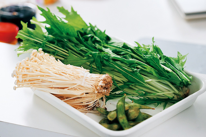 水菜など葉もの野菜やきのこ、枝豆などの冷凍野菜