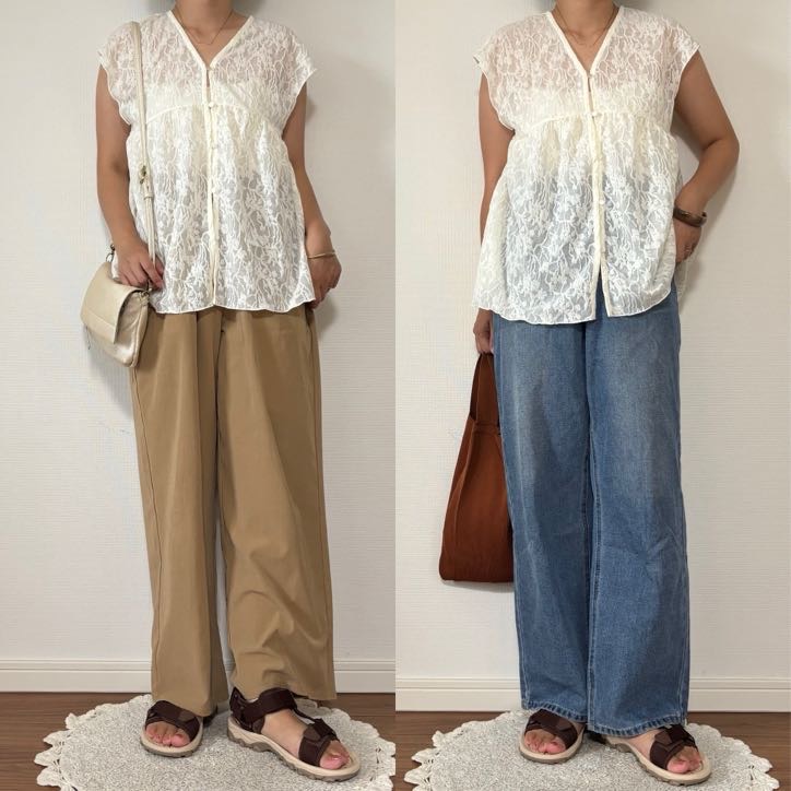ブラウンサンダルをベージュやホワイトのトップスと合わせたコーデ