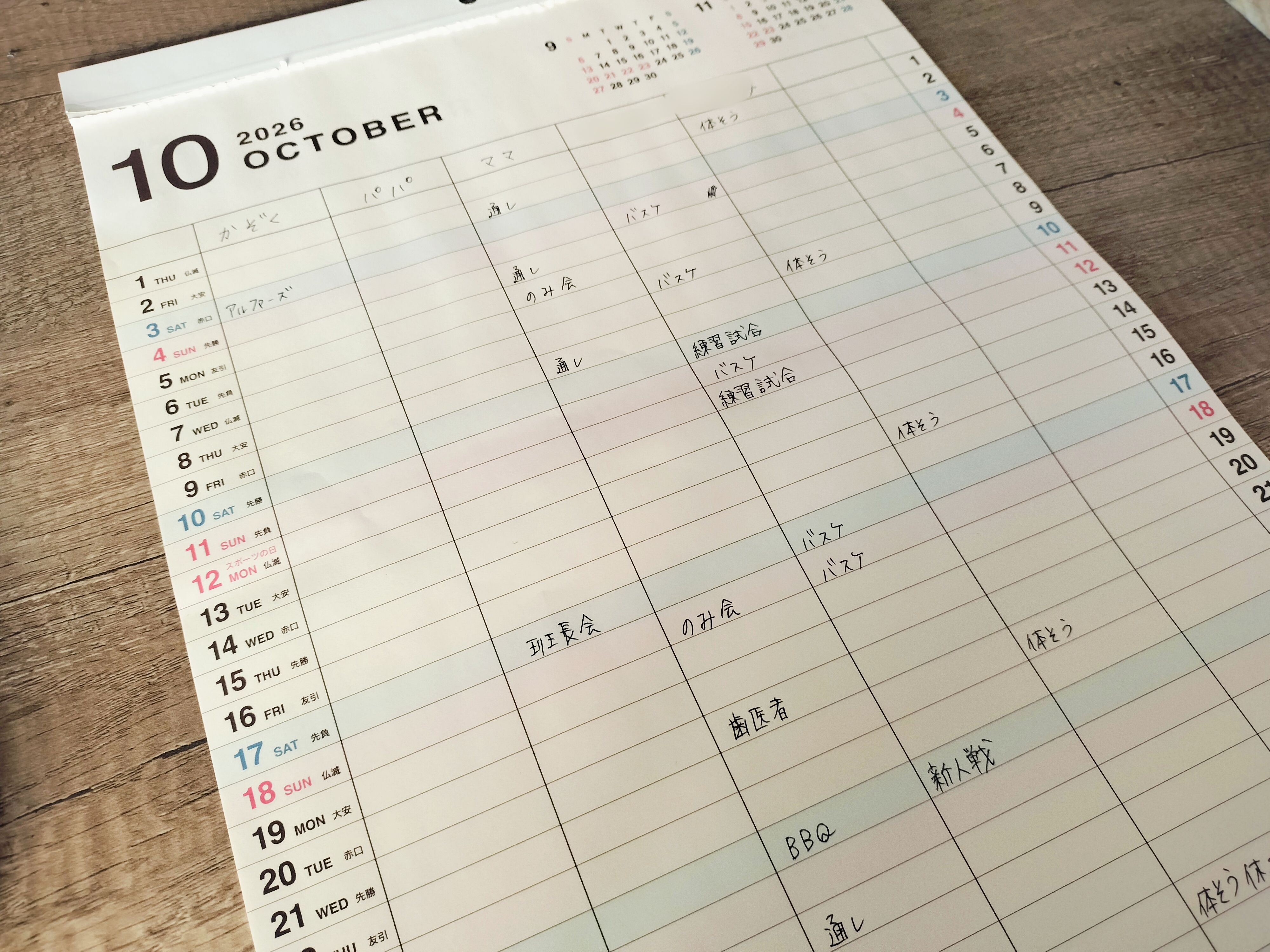 実際に書き込みされたカレンダー