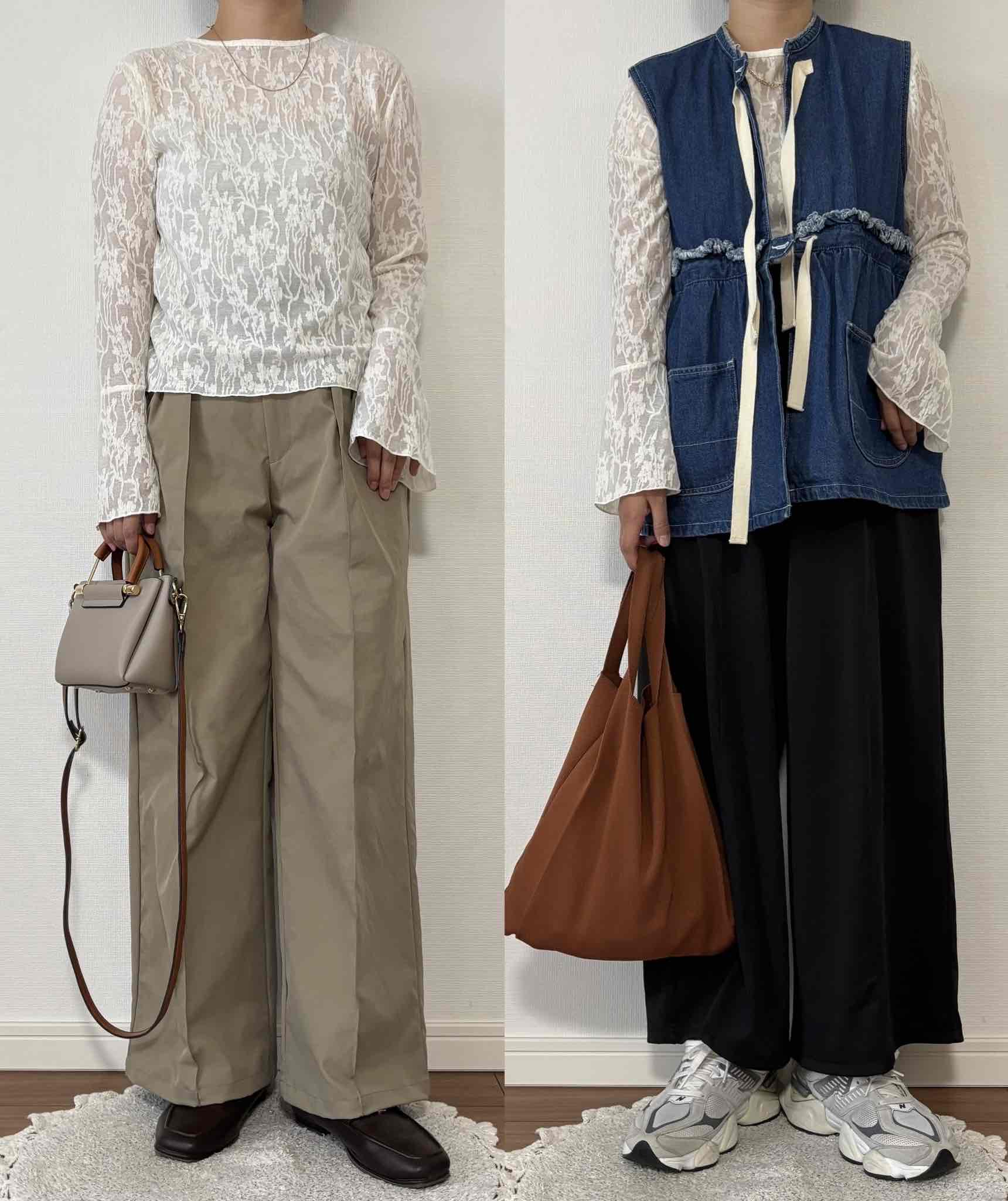 レーストップスにチノパンツとデニムベストを合わせたコーディネート