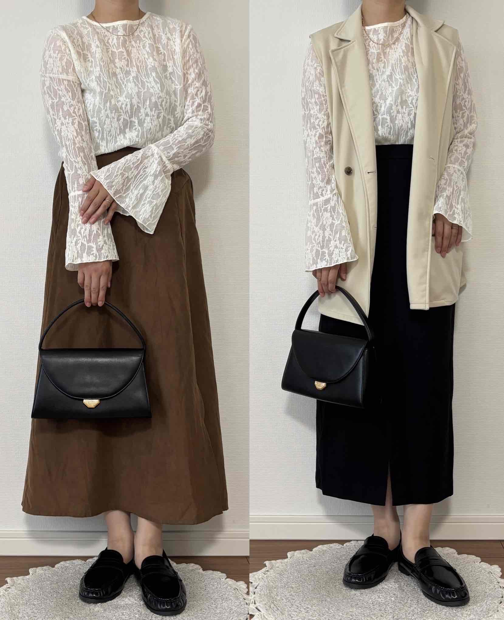 レーストップスをスカートやジレと合わせてきれいめにまとめたコーディネート