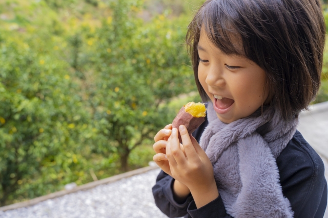 子供が焼き芋を食べようとしている様子